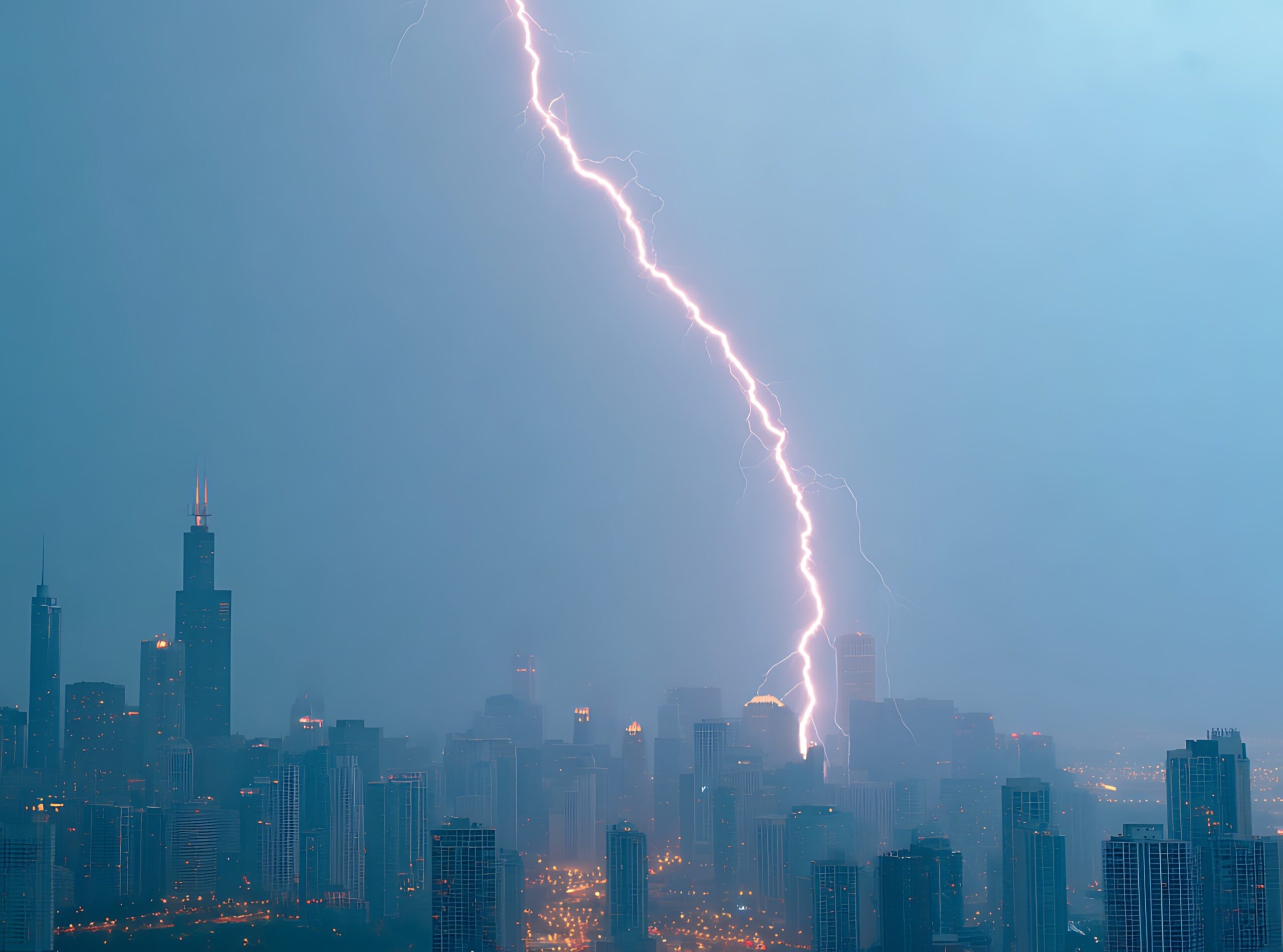 dramatic lightning strike illuminates city skyline at dusk.
